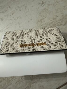 Michael Kors Cream and Brown Logo Continental Wallet with Gold Hardware
